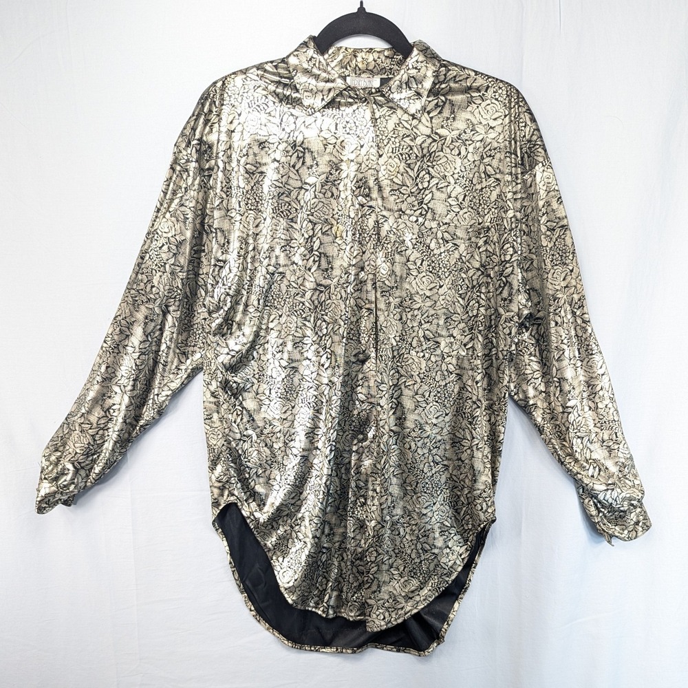 Lindsey Blake‎ Womens Shirt Blouse Top Metallic Floral Print Button Up USA Size